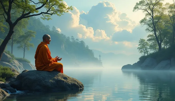 An image of a monk meditating in a lotus pose on a rock, surrounded by flowing water, tall trees, and floating clouds. The image evokes harmony with nature, symbolizing the connection between the natural world and inner wisdom.