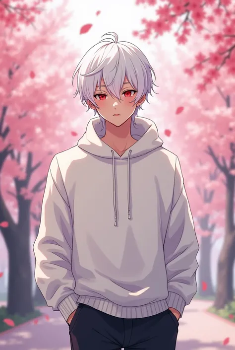 anime male, white hair, red crimson, male, cherry blossom trees, white sweater, black pants, teen male, brown skin