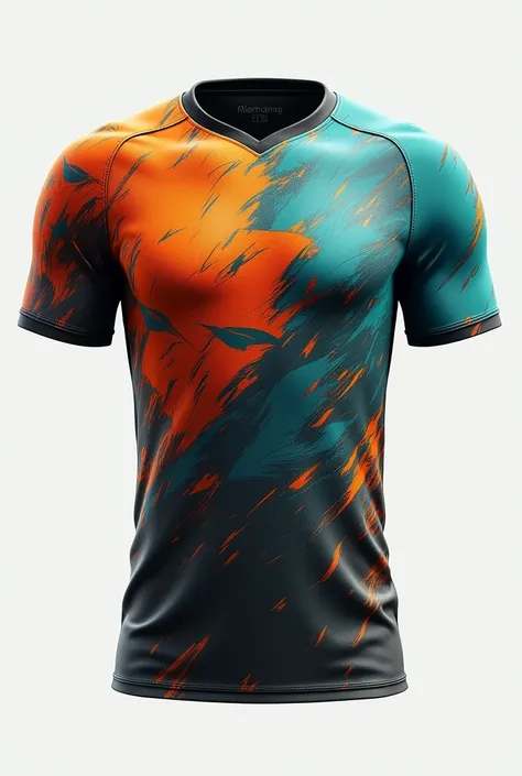  Futuristic soccer uniforms with autumnal colors on the t-shirt with geometric patterns that change color between orange and aquamarine. Incorporates elements of luxurious art, geometric inspired by nature .