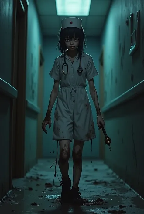  A anime-style zombie nurse appears in a creepy scenario ,  surrounded by total darkness ,  illuminated only by a single flashlight that shakes when held . Her figure is creepy : The clothes,  that maybe one day it was white ,  is completely unrecognizable...