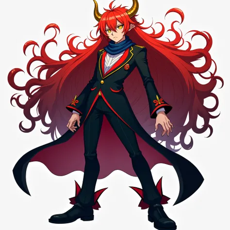 anime,chico,young, long intense red hair ,man, yellow eyes,concentric circles in your pupils,golden horns,red tie,dark blue scarf,black tuxedo,black boots with red stripes,( full body )