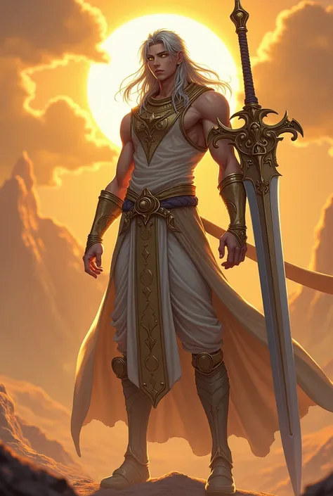 ,  teenager,wearing Egyptian clothes , gray hair, World of anime, one meter and 90 centimeters high, giant gray sword , eyes glowing yellow ,has big muscles, desert background with sun ,The sword has a double blade  
