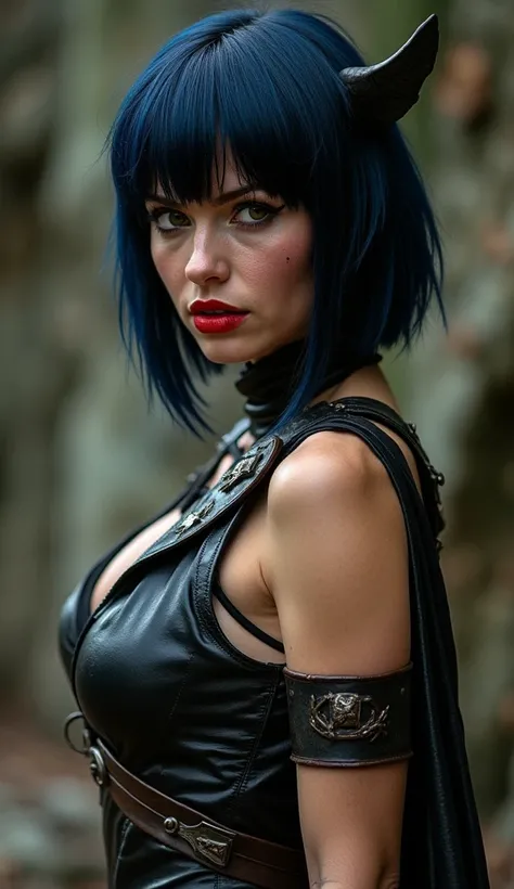 A (((30 years old German girl, with brown bang hair, hazel eyes and a athletic body))) dressed as the (((Xena warrior princess))) from the television show, with a (((blue-black short hair and fiery red lips))), ominous makeup,  surrounded , full body, evok...