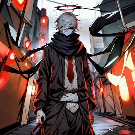 6 feet tall anime guy character with a large black scarf, dark clothes, large baggy pants, red tie wrapped around his waist, black boots, long messy hair, a red glowing halo, and a white pale skin tone, black sclera, and red eyes, white pupils, bandages co...