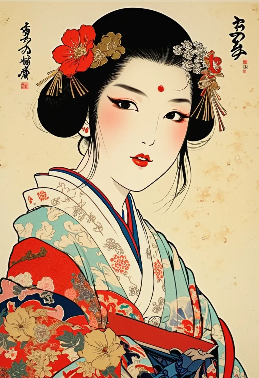 (  maseta membrane  、 best quality、ukiyo-e style、mystery、exquisite and beautiful、 official art、sharaku:1.2)、( 1 girl has :1.3)、(...