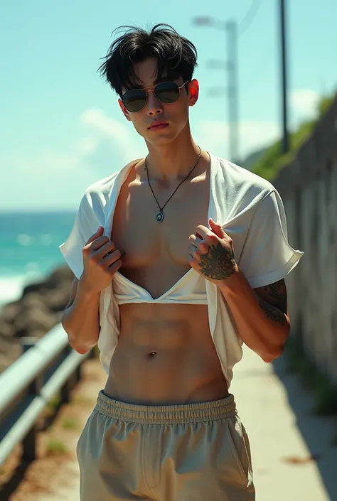 Korean man named Ro Woon , 20 years, Damien-style black hair ,  black eyes ,  shiny oily fair skin  , strong physique, tattooed.  In an outdoor landscape close to the sea .  He is wearing sunglasses ,  holding his partially raised t-shirt , revealing a def...