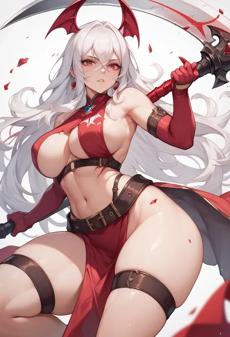 A woman,  with long white hair,  Normal breasts , Broken wrestler clothing ,  thick thighs ,  crimson eyes ,  and a scythe in her hand  