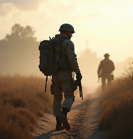 Soldier, fighting for the country, on enemy soil, futuristic weapons in hand, dreams of winning and returning to his beloved. Walking on the border and protective trench, carrying his water canteen.Alta resolução, Linhas de movimento, Anatomicamente corret...