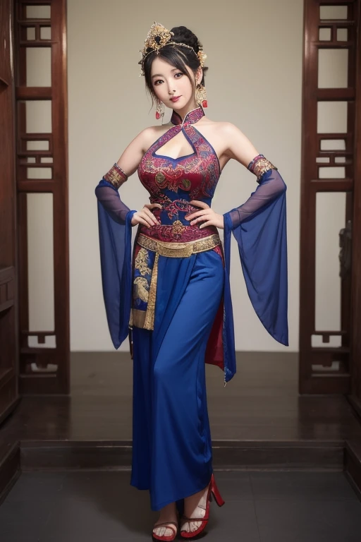 The woman is wearing an ancient dance costume, including a dark blue full-length halter top blouse, and red chiffon trousers on the bottom. She is an oriental beauty with a very Chinese style. The costume is very Song Dynasty style. She has her back to the...