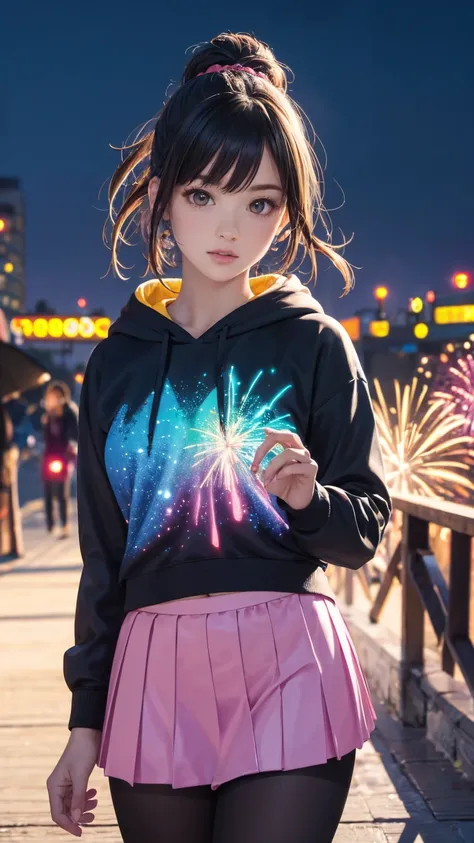 ( best quality:1.2,  Very detailed, Latest,  vibrant ,    high contrast , masterpiece:1.2,  best quality,  best aesthetics),   girl, ((   facing the front :1.4)),   colorful hair,Short bob ponytail with braids ,masterpiece、  Lens Flare,(masterpiece:1.2),  ...