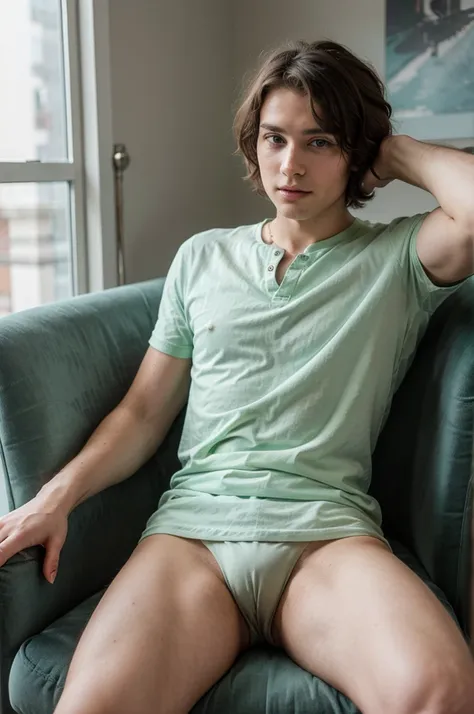 23-year-old male ,  brown white skin ,  short hair, wavy hair,  short hair,  blue eyes,  slim body, hombros anchos, green shirt, in an armchair, autophoto, Photo of pel, green player, in an armchair sentado de forma masculina y de respeto