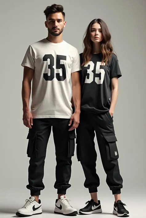 Un bel homme qui porte un t-shirt écrit 35 avec un cargo noir comme pontalon et des NIKE comme chaussure et il y a une femme à coté de lui qui porte presque les même fringues mais pour la femme le 35 devient ??