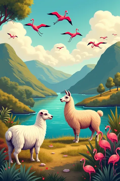  Andean style vertical cover design ( 1 lamb , 1 llama ,  2 hills , A lake,  flamingos ) please