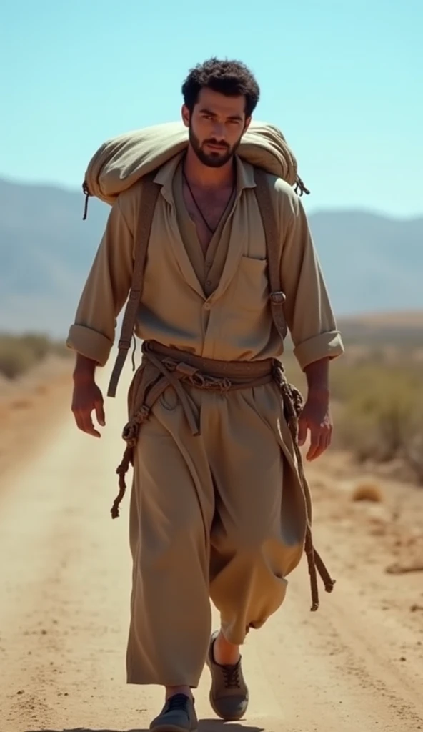  "A man in his early 30s, with dark brown short hair, brown eyes, of Semitic ethnicity, traveling on a dusty road with a small bag over his shoulder. The background shows a barren landscape with hills in the distance under a bright blue sky. Atmosphere of ...