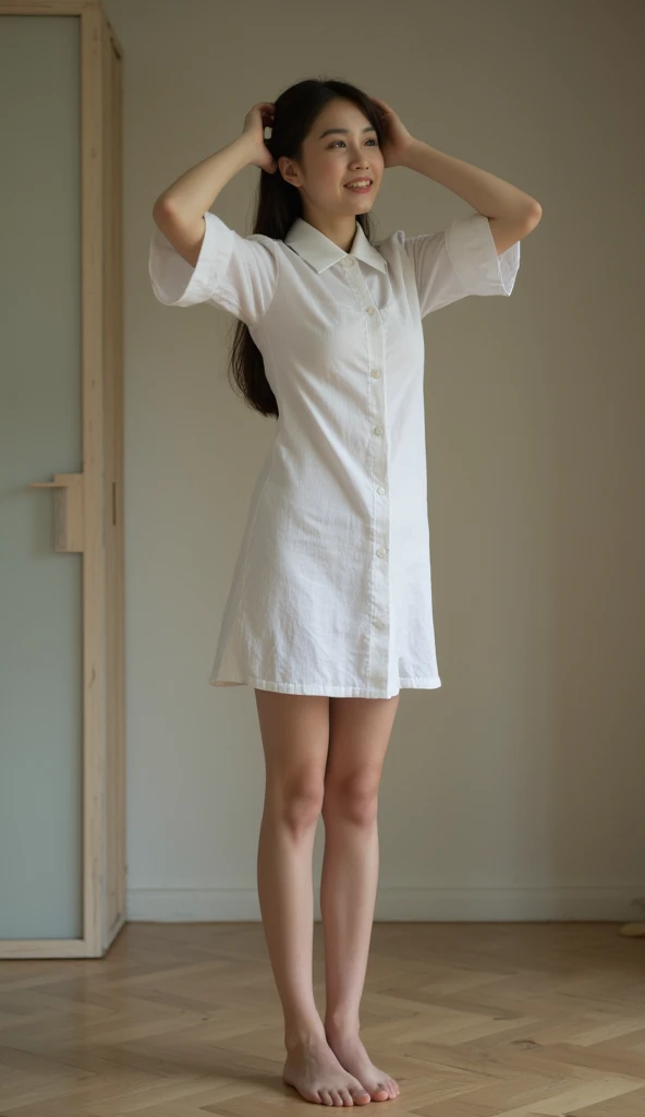 Young teenage female, Japanese, best image quality, 8K, realistic, f/5.0, about 150cm tall, 42kg, full body view, standing on her head, ryotei on the floor, legs pointing to the ceiling, bad teeth, large front teeth, fair skin, naked eyes, small black eyes...