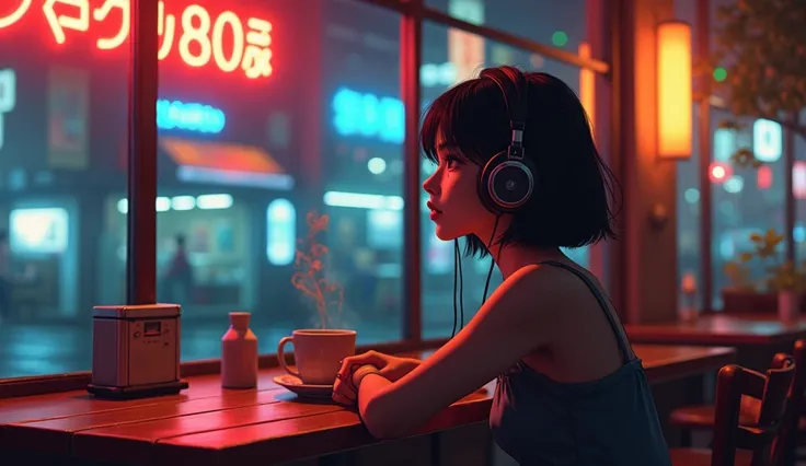 A young woman sitting in a cozy retro café, wearing headphones and listening to music, surrounded by a nostalgic urban atmosphere. The scene is depicted in the style of 1980s Japanese anime, with vibrant neon lighting filtering through large café windows, ...