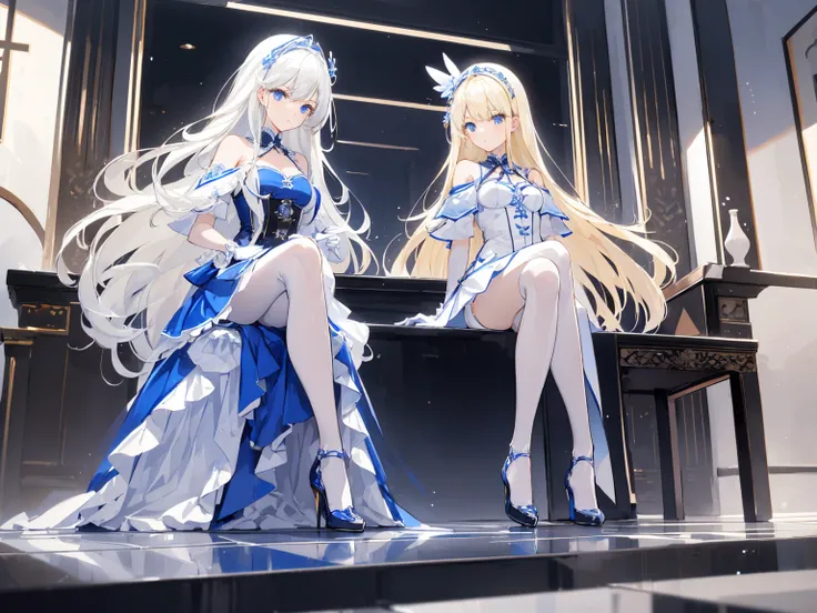 A modern living room ，Two long-haired girls 。
 One is wearing a blue and white off-the-shoulder pleated skirt ，Match it with white stockings， A blonde angel with blue heels and white gloves 。
 One is wearing a white over-the-knee dress with a high collar w...