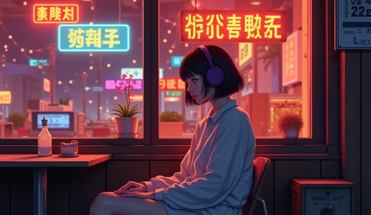 A young woman sitting in a cozy retro café, wearing headphones and listening to music, surrounded by a nostalgic urban atmosphere. The scene is depicted in the style of 1980s Japanese anime, with vibrant neon lighting filtering through large café windows, ...