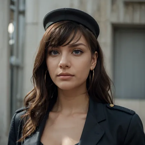 Woman, light skin, long hair, blond, wavy, loose hair, with a lock falling over her face, choppy haircut, with long bangs combed to one side, blue eyes, almond-shaped, expressive, with an intense look, military uniform, Russian-style military hat, modern, ...