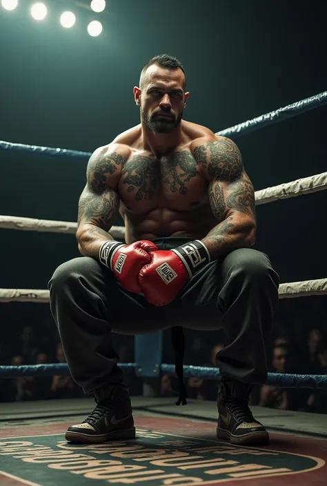 Frankstentain boxing, tattoos,  boxing pants ,  bathing Nike dunk low , boxing gloves,  sitting in a corner of the ring ,  elbows on the legs , one blind eye ,  backlight and on the floor written SHARK BOXING 