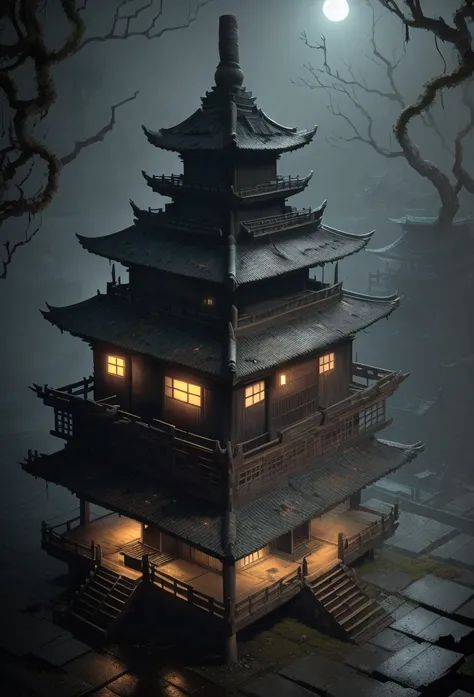 a detailed abandoned japanese village in fatal frame style, highly realistic lighting, dark and atmospheric, moody and eerie, gloomy and foreboding, old dilapidated buildings, overgrown with moss and vines, moonlight shining through broken windows, flicker...