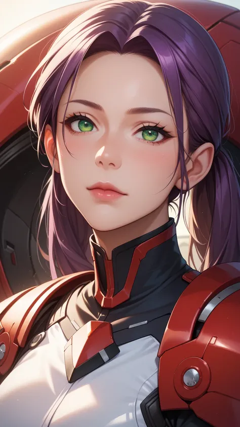 purple hair, green eyes, pigtail hair, perfect face, close-up. female in a futuristic red mecha armor. iron plated armor, brown hair, green eyes, full body, wide shoulders, awesome armor, detailed, female cyberpunk character scientist, perfect eyes, perfec...