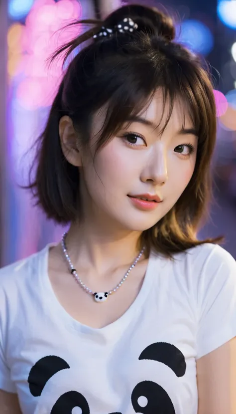 extreme close-up of beautiful korean female, 34 inch breasts size, wearing panda pattern t-shirt, necklace , playing guitar, under the neon light, night, bokeh background, UHD 