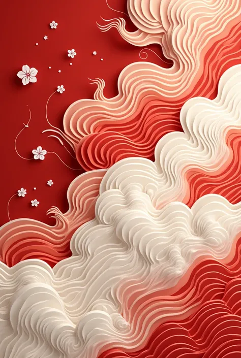 An elegant depiction of auspicious clouds, intricately designed in a harmonious interplay of red and white hues. The swirling patterns of the clouds are gracefully curved, evoking a sense of movement and ethereal lightness. The vibrant red symbolizes joy a...