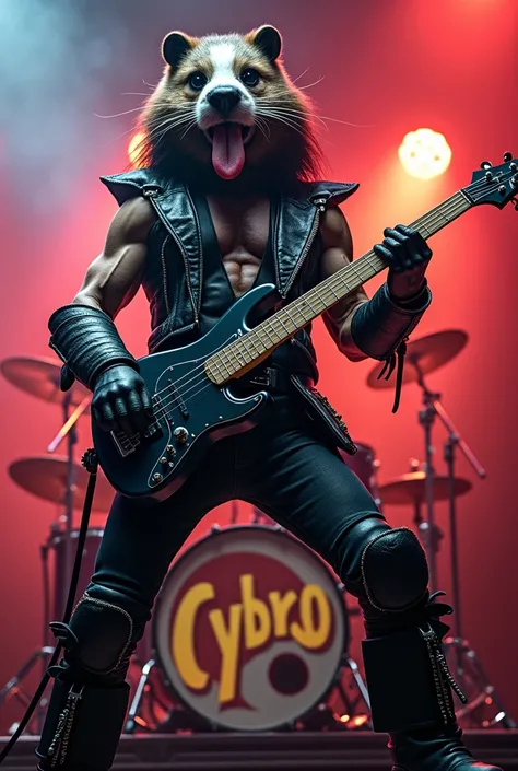  I want to make a man disguised as Gene Simons with a Beavers Head with his tongue out and an axe-like bass.  On a concert stage and on the drums it should read CYBRO in Yellow . bright colors, bright and realistic 