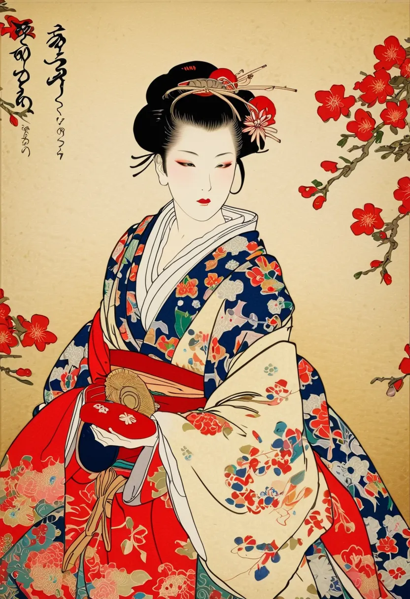 (  maseta membrane  、 best quality、ukiyo-e style、mystery、exquisite and beautiful、 official art、sharaku:1.2)、( 1 girl has :1.3)、(...