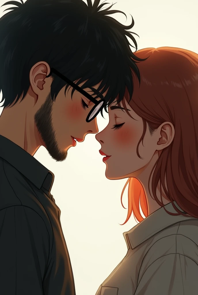  I need a cover for my book where there are two young people with their eyes closed and who are touching their heads on their foreheads a boy with messy black hair and glasses without a beard and a girl with slightly red hair (I mean copper )  both with fa...