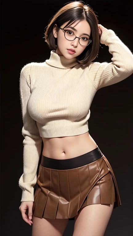 young woman, round eyeglasses, beautiful belly breasts, large breasts, straight short brown hair, Fair-white skin in brown  long sleeve sweater turtleneck, ultra-short pleated mini black skirt ,stunning pose, brown gradient color in studio background