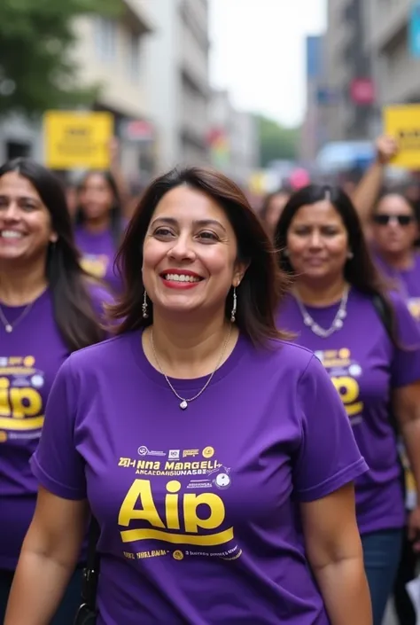  Honduras that you can see colors , purple,  purple and soft yellow that women are walking and that represents justice,  equality and union ,  that have purple shirts with the AIP logo of the Alliance Integrity and Progress party with signs that say Vote f...