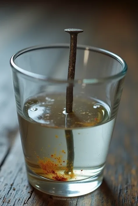 Thin nail partially submerged in water inside a normal glass cup 48 hours after the oxidation process, the format of the image must look like a realistic photo on the floor.