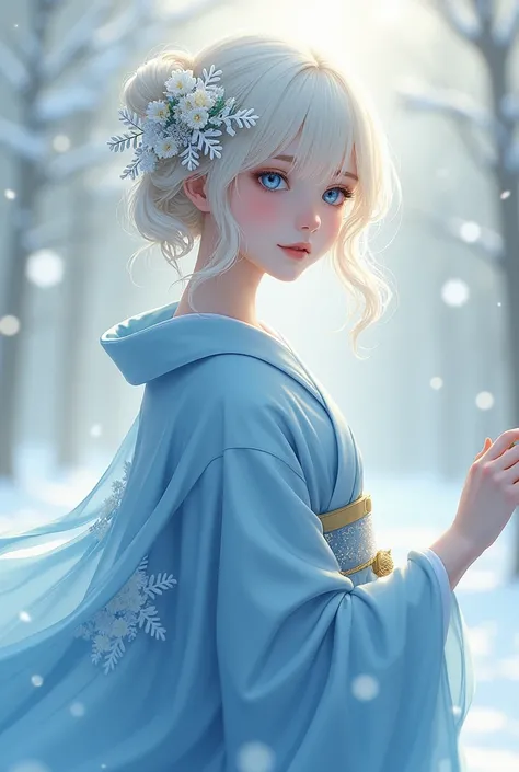 Hair: platinum 
eyes: blue  
accessories (hair): snowflake and lily of the valley hairpin 
Costume: Blue kimono
Gender: female 
Age: 13 
