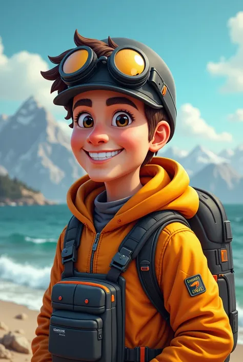 a Technological Adventurer” Young professional ,passionate about technology and outdoor adventures that make his face appear as a cartoon and that it can be seen that he likes camping and is futuristic