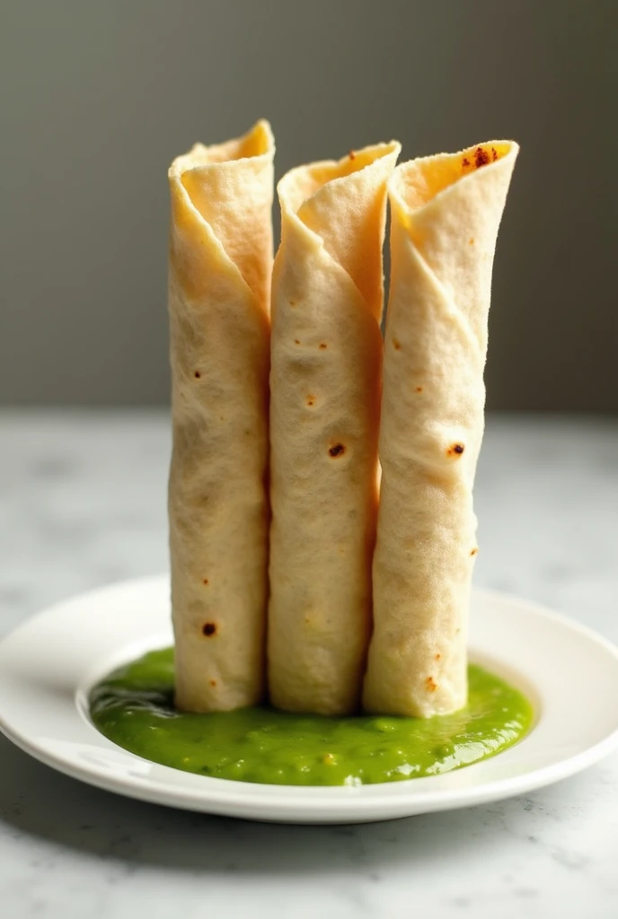 Letter hache logo consisting of 3 rolled tortillas standing inside a plate with green sauce, As real as possible. 
