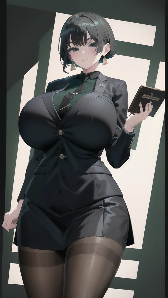 SFW, (Matte texture),　cowboy shot, 1 Secretary to support the viewer, ALLMIND, smug, naughty smile, (black hair), (short bob), earring, (green eyes), (tall and slim:1.3), (sensual body:1.25), (stocky build:1.3), (gigantic breasts), (business suit, black sh...