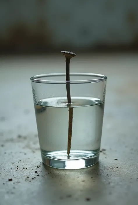 Thin nail partially submerged in water inside a normal glass cup 48 hours after the oxidation process, the image format must look like a realistic photo on the concrete floor.