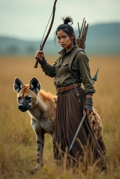  indonesian woman, sharp gaze, hair tied,   big boobs , long shirt , dressed in a leather vest, Long skirt, steel safety attribute , wielding a jagged beater and an arrow ,  with a large, ferocious hyena.  In the savannah grassland , full body
4K High Reso...