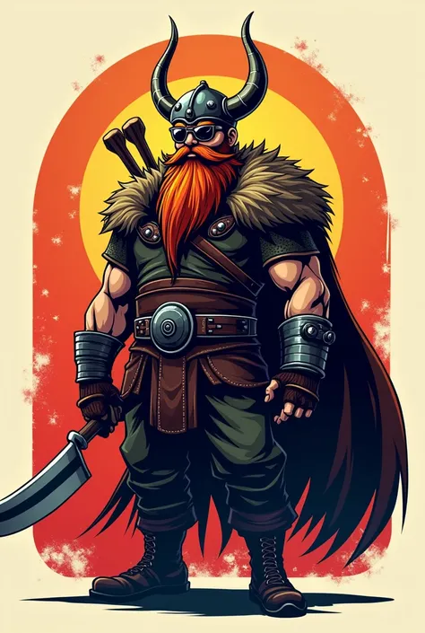 Logo for fast food restaurant: a Viking with shiny sunglasses and a beard like mube anime