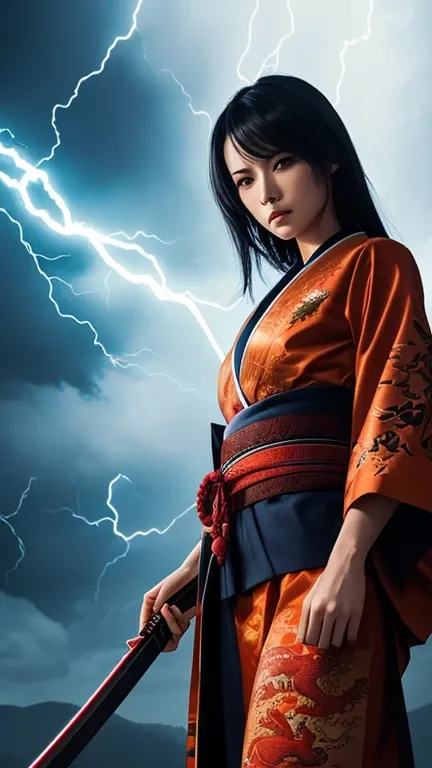 A fierce and confident woman with a glowing katana, dressed in a traditional red and black kimono with floral patterns. Her face and body are adorned with intricate dragon tattoos, and her piercing red eyes radiate intensity. The katana emits vibrant blue ...