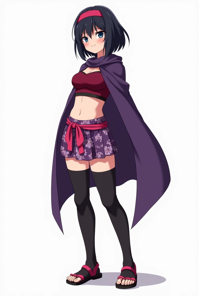 One medieval fantasy girl in an anime style against a blank white background. Show her full body. She is a ninja. She has short straight black hair with a dark red headband. She wears a purple shawl covering her shoulders and most of her dark red sports br...