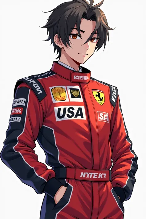 A male character wearing Manhwa style car racing clothes