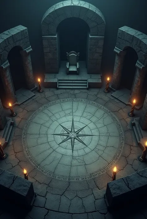 "A top-down view of a dark, circular boss chamber designed for use in a virtual tabletop (VTT) game. The arena features a worn stone floor with cracks and faintly glowing runes along the edges. Four twisted pillars are evenly spaced around the chamber, and...