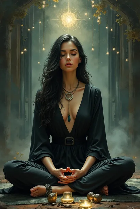  Painting of a woman sitting in a meditation position with her hands folded,  Charlie Bowater character art ,  Charlie Bowters Style ,  Art style of Charlie Bowater ,  Charlie Bowater Deep colors , in  Charlie Bowters Style , Tom Bagshaw Donato Giancola, โ...