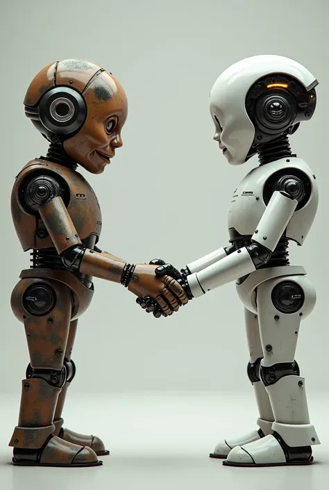 Imagine and create a hand opening image between a more rustic old robot and another being a modern, more futuristic artificial intelligence android. The focus of the image should be the handshake between the two, symbolizing the union of forces.