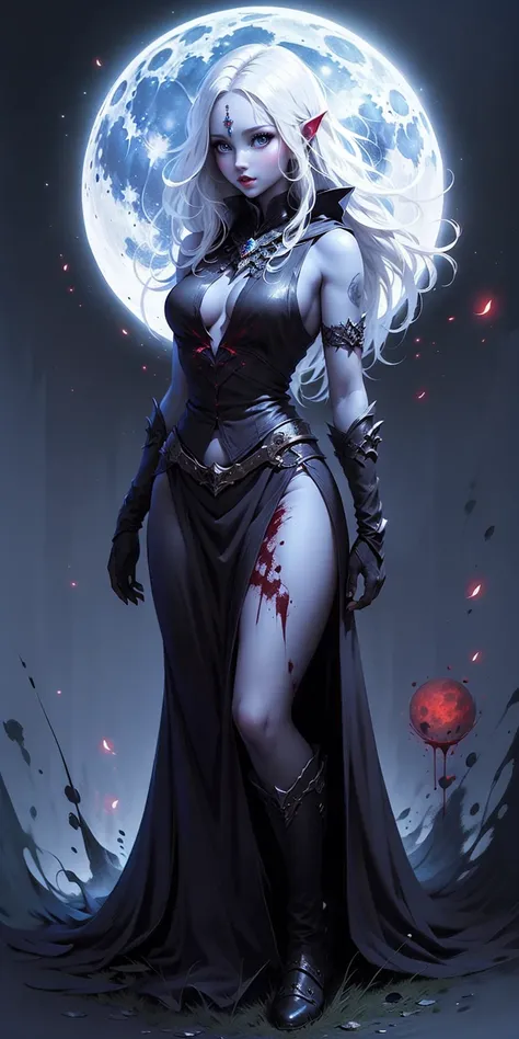  masterpiece ,  best quality,  full body , Alone, female,  medium breasts. apparition:  Drow nobles have ebony skin and white or silver hair..  Your eyes are a deep red,  which gives them a distinctive and mysterious appearance . red moon background, black...