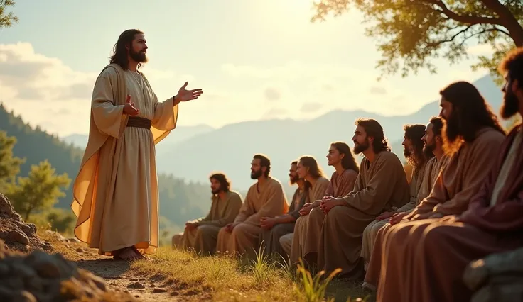 "Jesus preaching on a hill to a seated crowd,  with a clear sky and soft sunlight illuminating the scene.  He is dressed in a simple robe , In beige and white tones ,  gesturing with his hands as he speaks .  The surrounding crowd includes men , women and ...