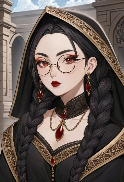 Gender: Female. Skin: Caucasian. Makeup: Black sharply drawn cateyes-looking eyeliner, dark red lipstick.

Accessories: Black square-framed glasses, piercings. Hair: Long dark red African braid with thin waves in between, messy roots darker.

Eyebrow: Dark...